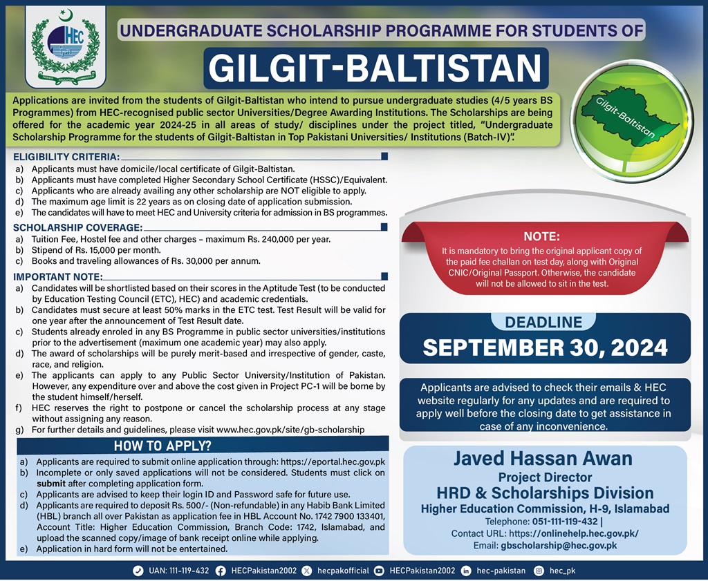 2024 Undergraduate Scholarships for Gilgit Baltistan