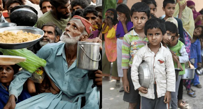 A crowd of people vying for food, with some holding containers, while children line up patiently with metal bowls in hand.