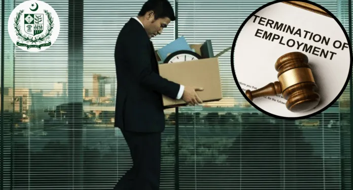 A man in a suit carries a box filled with personal items, symbolizing job loss, alongside a document about termination of employment.