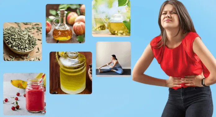 A collection of natural remedies, including herbs, oils, and smoothies, with a woman in active stretchwear and a red shirt, possibly in discomfort.