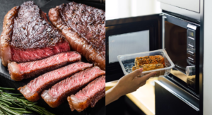 7 Worst Foods For Kidneys You Should Avoid 1 A juicy, perfectly cooked steak with a rich crust is displayed beside a person placing food into a microwave, ready to heat.
