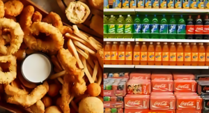 7 Worst Foods For Kidneys You Should Avoid 2 A vibrant platter of fried foods with dipping sauce, paired with a colorful display of soda bottles on shelves.