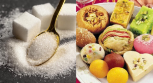 7 Worst Foods For Kidneys You Should Avoid 4 A golden spoon rests in granulated sugar near white sugar cubes, alongside an assortment of colorful Indian sweets on a platter.