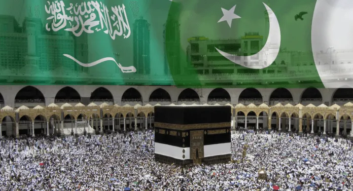 Aerial view of the Kaaba in Mecca surrounded by pilgrims, with Saudi Arabian and Pakistani flags overlaying the scene.