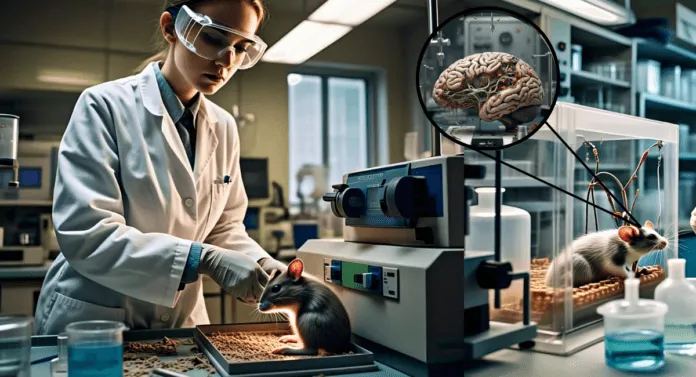 A lab technician in a white coat conducts an experiment on a mouse connected to a monitoring device in a research laboratory.