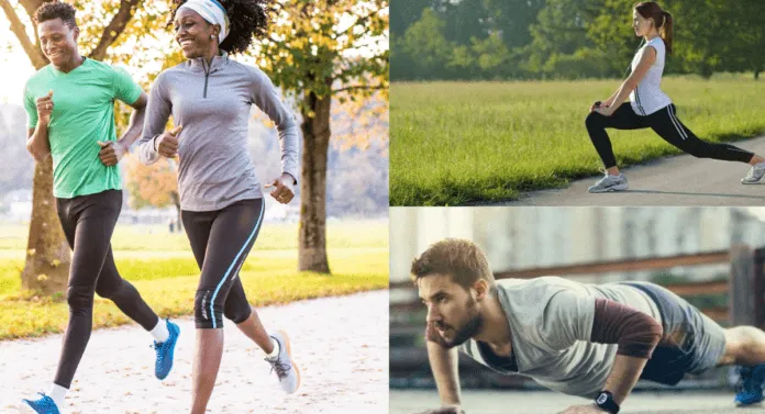 A collage featuring two runners on a path, a woman stretching in a grassy area, and a man doing push-ups indoors, all engaged in fitness activities.