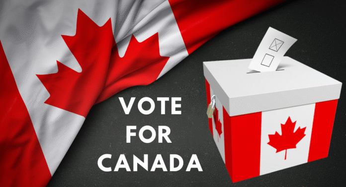 A ballot box with a Canadian flag background, featuring the text 