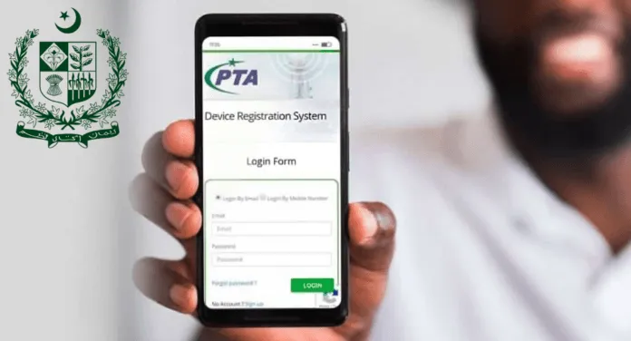 A smiling person holds a smartphone displaying the PTA Device Registration System login screen, with Pakistan's emblem in the corner.