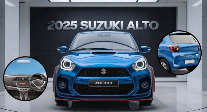 Front view of the 2025 Suzuki Alto in striking blue, with close-ups of its interior and rear design showcased.