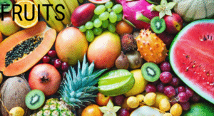 Foods Not to Refrigerate: 15 items That your Storing Wrong 2 A vibrant display of various fruits, including watermelon, papaya, mangoes, grapes, and kiwi, arranged artistically.