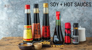 Foods Not to Refrigerate: 15 items That your Storing Wrong 4 A collection of various soy and hot sauces in glass bottles on a wooden table, with a small dish of soybeans nearby.