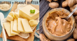 Foods Not to Refrigerate: 15 items That your Storing Wrong 5 A wooden board with sliced butter alongside a jar of creamy peanut butter, garnished with a sprig of parsley.