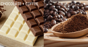 Foods Not to Refrigerate: 15 items That your Storing Wrong 6 A split image featuring white and dark chocolate bars on one side and ground coffee with whole beans on the other, highlighting delicious pairings.