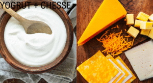 Foods Not to Refrigerate: 15 items That your Storing Wrong 8 A bowl of creamy yogurt with a wooden spoon alongside an array of vibrant cheeses on a wooden board.