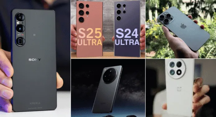 A collage of modern smartphones including Sony Xperia, Samsung S24 Ultra, S25 Ultra, iPhone, and Oppo devices, showcasing diverse designs.