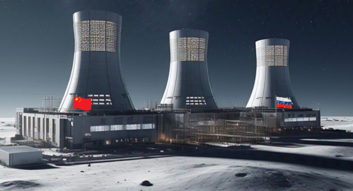 A lunar landscape featuring three nuclear power plants, showcasing flags of China and Russia on the structures under a starry sky.