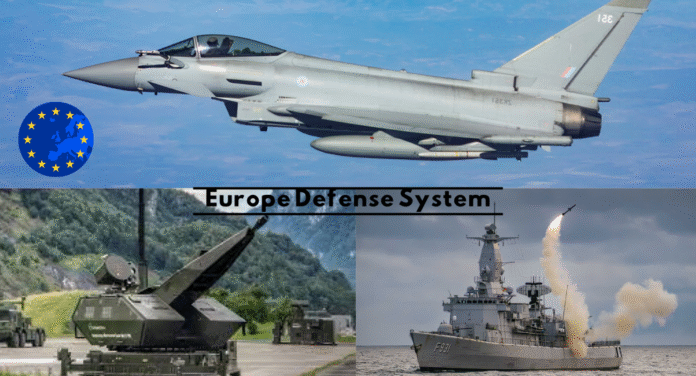 A fighter jet, missile launcher, and naval ship represent Europe's defense capabilities, with a European Union emblem in the corner.
