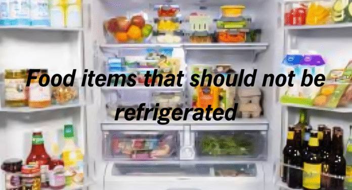Open refrigerator filled with various foods and beverages, with an overlay text stating 
