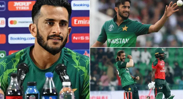 A collage of a Pakistani cricketer during a press conference and on-field action celebrating a wicket. Green team jerseys are featured prominently.