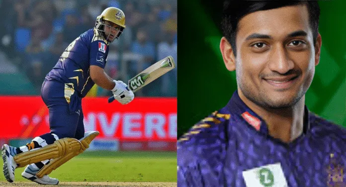 A cricketer in a navy uniform swings a bat during a match, with vibrant stadium lights and a cheering crowd in the background.