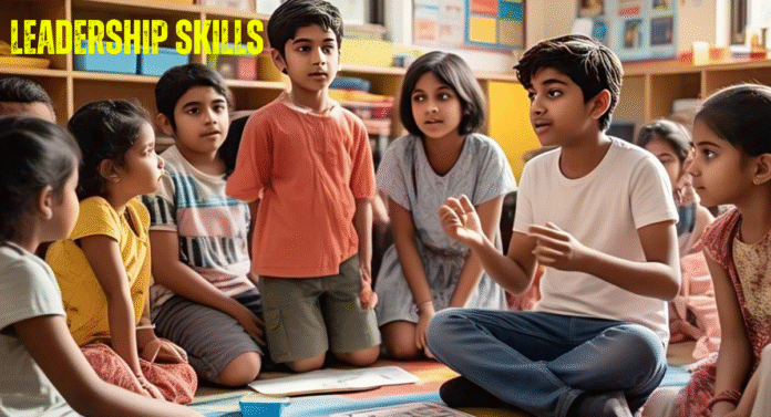 A group of children engage in a discussion, listening attentively as a peer shares ideas, promoting leadership skills and teamwork.