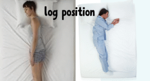 Two individuals lie on a bed in distinct sleep positions: one flat on their side resembling a log, the other curled up in pajamas.