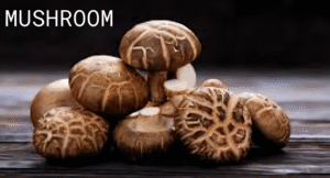 Top Foods That Increase Uric Acid & Effect Your Health: Try Their Alternatives 5 A cluster of fresh, brown shiitake mushrooms on a wooden surface, with the word "MUSHROOM" prominently displayed in white.