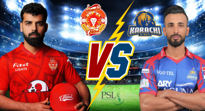Islamabad United faces Karachi Kings in a vibrant cricket showdown, featuring team logos and a stadium backdrop.
