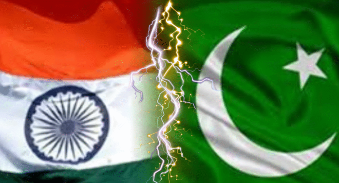 A split image showing the flags of India and Pakistan, separated by a lightning bolt, symbolizing conflict and tension.