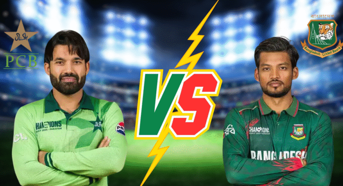 Two cricket players in their respective team jerseys, representing Pakistan and Bangladesh, poised for a competitive match backdrop.