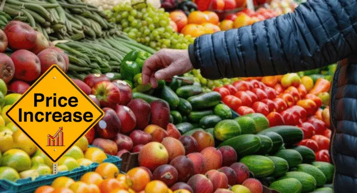 A hand reaches for apples among a vibrant display of fruits and vegetables, with a 