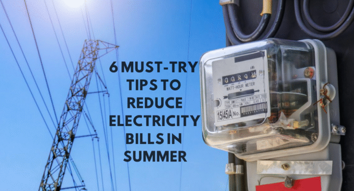 A close-up of an electricity meter against a bright blue sky, featuring tips to reduce summer electricity bills in bold text.