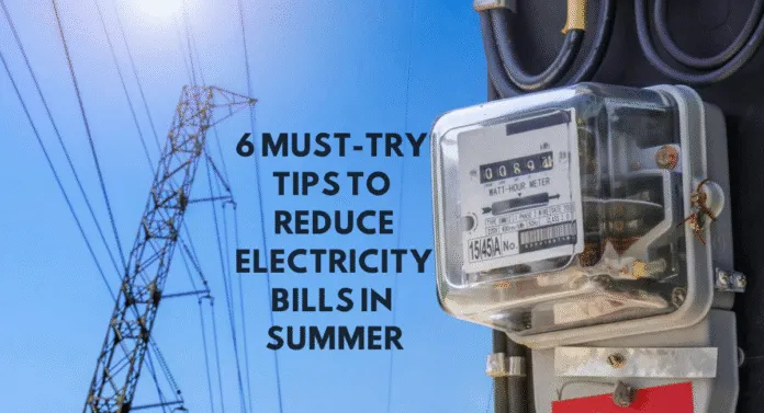 A close-up of an electricity meter against a bright blue sky, featuring tips to reduce summer electricity bills in bold text.