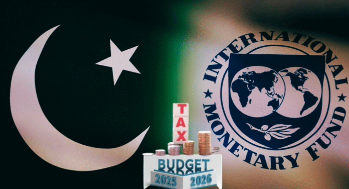 Image of the Pakistan flag alongside the IMF logo, featuring budget-related text and stacks of coins, symbolizing economic discussions.
