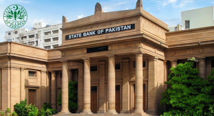 Facade of the State Bank of Pakistan, featuring grand columns and intricate architectural details against a blue sky.