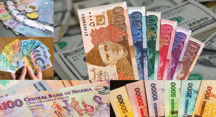 A collection of various banknotes and coins from different currencies, including Naira, Australian dollars, and Pakistani rupees.