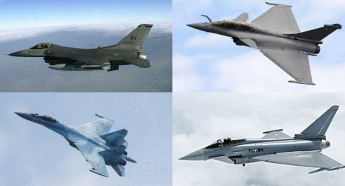 Four military fighter jets in flight: an F-16, a Su-30, a Dassault Rafale, and a Eurofighter Typhoon against a cloudy sky backdrop.