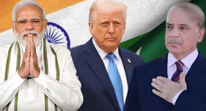 Three world leaders stand side by side, with Indian, American, and Pakistani flags subtly layered in the background, symbolizing diplomacy.