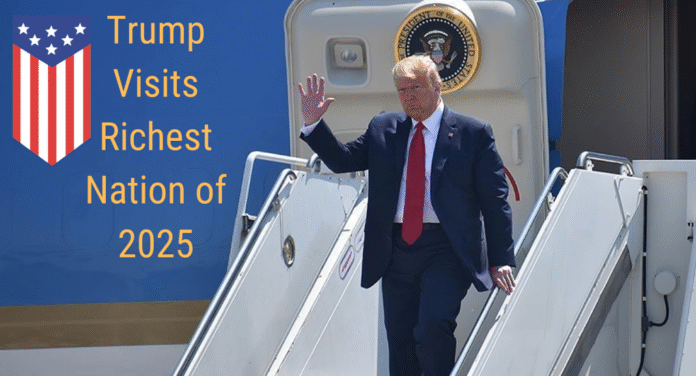 A man in a suit with a red tie descends the stairs of an aircraft, greeted by a clear blue sky, accompanied by text about his visit.