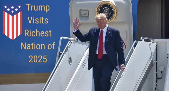 A man in a suit with a red tie descends the stairs of an aircraft, greeted by a clear blue sky, accompanied by text about his visit.