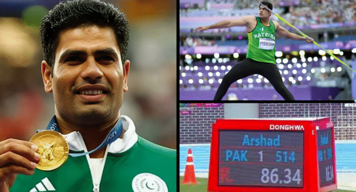 A montage featuring a gold medalist celebrating, an athlete throwing a javelin, and a scoreboard displaying their achievements.