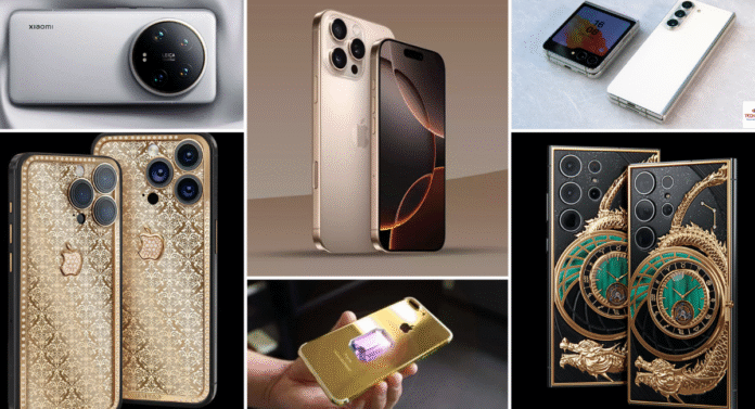 Collage of luxury smartphones, featuring designs from Xiaomi, Apple, and unique artistic models with intricate patterns and embellishments.