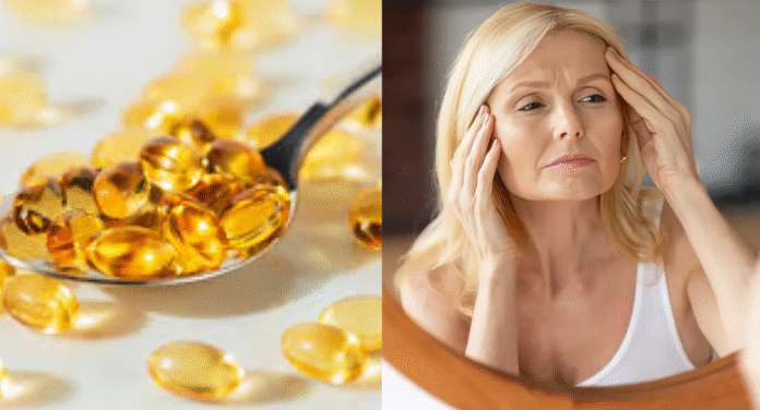 A spoonful of golden gelatin capsules lies next to a woman examining her face in a mirror, suggesting beauty or health themes.