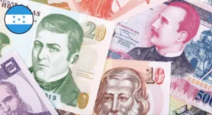 A collection of Honduran banknotes in varied denominations, featuring intricate designs and the national flag in the corner.