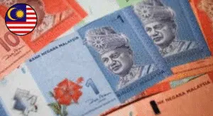 A collection of Malaysian currency notes, including a blue RM1 note and an orange RM10 note, with the Malaysian flag in the corner.