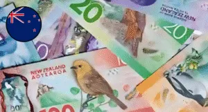 A colorful assortment of New Zealand banknotes featuring native birds, with a small New Zealand flag in the corner.