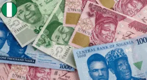 A collection of Nigerian banknotes, including 1000, 500, 200, and 100 naira, displayed in various colorful denominations.