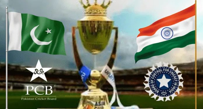 A cricket trophy between the flags of Pakistan and India, representing the PCB and BCCI, set in a stadium backdrop.