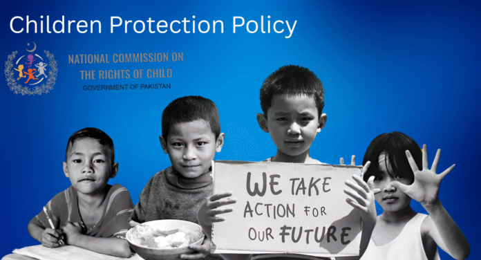 A group of children hold a sign reading “WE TAKE ACTION FOR OUR FUTURE” against a blue backdrop, promoting child protection advocacy.