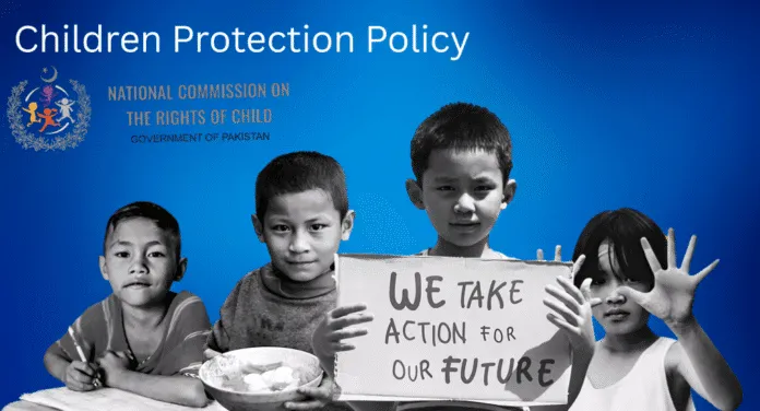 A group of children hold a sign reading “WE TAKE ACTION FOR OUR FUTURE” against a blue backdrop, promoting child protection advocacy.